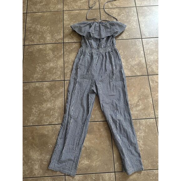 JCrew ruffled seersucker stripe jumpsuit Blue/white XS - Picture 1 of 9